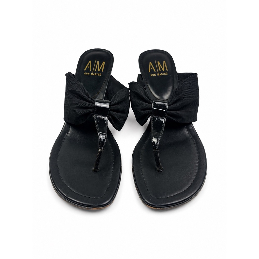 Ann Marino Vintage Y2K Black Bow Kitten Heel Thong Sandals Women's Size 9.5